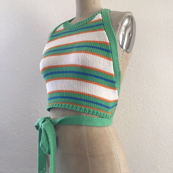 Zara Green Colorful Striped Cotton Cropped Backless Knit Halter Top - S - Picture 2 of 6
